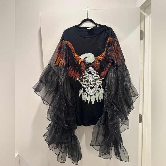 Black Graphic T-Shirt Dress with Sheer Overlay - Picture 3 of 5